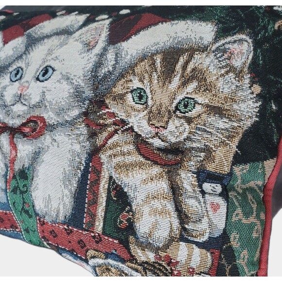 Tapestry 3 Kitten Cats Christmas Holiday Throw Pillow 16 x 12 Santa Kitties Red - Picture 3 of 6